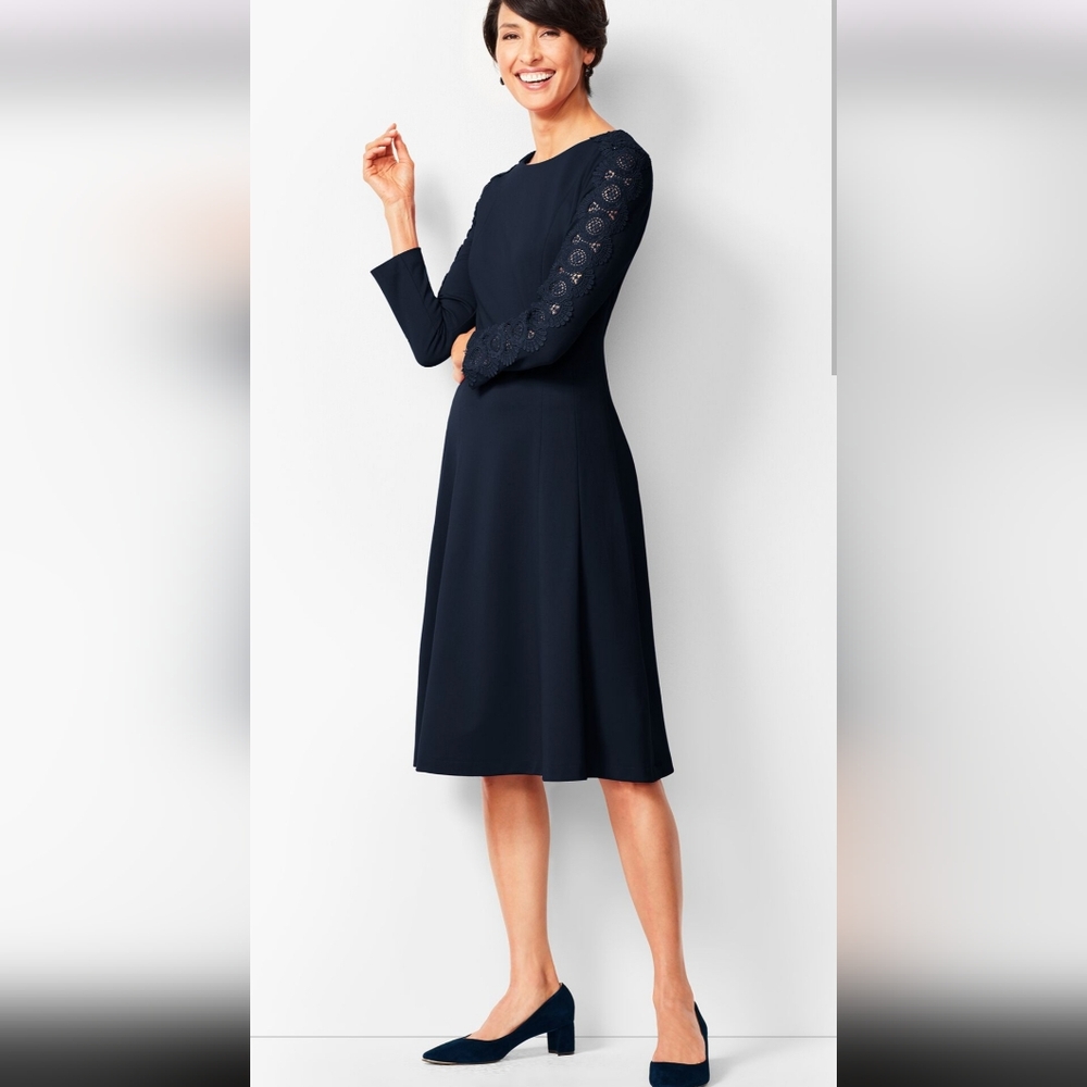 Talbot's Lace Sleeve Ponte Fit & Flare Navy Dress - Picture 1 of 8